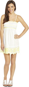 Neon Stitch Bandeau Dress - length: mid thigh; sleeve style: spaghetti straps; fit: empire; pattern: plain; style: sundress; bust detail: ruching/gathering/draping/layers/pintuck pleats at bust; predominant colour: white; secondary colour: primrose yellow; occasions: casual, holiday; fibres: cotton - 100%; hip detail: contrast fabric/print detail at hip; sleeve length: sleeveless; texture group: cotton feel fabrics; neckline: low square neck; pattern type: fabric; embellishment: embroidered