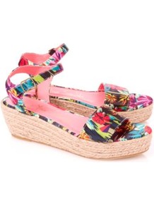 Tropical Print Platform Wedges Multi - occasions: casual, holiday; predominant colour: multicoloured; material: fabric; heel height: mid; ankle detail: ankle strap; heel: wedge; toe: open toe/peeptoe; style: standard; finish: plain; pattern: patterned/print