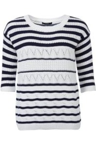 Stripe Pointelle Jumper Multi - pattern: horizontal stripes; style: standard; secondary colour: white; predominant colour: black; occasions: casual, work, holiday; length: standard; fibres: cotton - mix; fit: standard fit; neckline: crew; sleeve length: half sleeve; sleeve style: standard; texture group: knits/crochet; pattern type: knitted - other; pattern size: standard