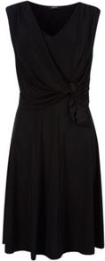 Jersey Twist Dress Black - style: faux wrap/wrap; length: below the knee; neckline: low v-neck; fit: fitted at waist; pattern: plain; sleeve style: sleeveless; waist detail: twist front waist detail/nipped in at waist on one side/soft pleats/draping/ruching/gathering waist detail; bust detail: ruching/gathering/draping/layers/pintuck pleats at bust; predominant colour: black; occasions: casual, evening, occasion; fibres: polyester/polyamide - stretch; hip detail: soft pleats at hip/draping at hip/flared at hip; shoulder detail: flat/draping pleats/ruching/gathering at shoulder; sleeve length: sleeveless; texture group: cotton feel fabrics; trends: glamorous day shifts; pattern type: fabric