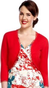 Renaissance Knitted Bolero - pattern: plain; style: bolero/shrug; length: cropped; neckline: collarless open; predominant colour: true red; occasions: occasion; fit: slim fit; sleeve length: 3/4 length; sleeve style: standard; texture group: knits/crochet; pattern type: knitted - fine stitch; fibres: viscose/rayon - mix