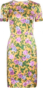 Print Silk Dress - style: shift; neckline: slash/boat neckline; fit: tailored/fitted; secondary colour: emerald green; occasions: evening, work, occasion; length: on the knee; fibres: silk - 100%; predominant colour: multicoloured; sleeve length: short sleeve; sleeve style: standard; texture group: structured shiny - satin/tafetta/silk etc.; trends: high impact florals; pattern type: fabric; pattern size: big & busy; pattern: florals