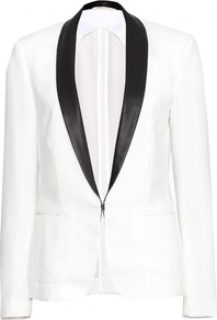 Sliver Blazer With Leather Lapels - pattern: plain; style: single breasted blazer; collar: shawl/waterfall; length: below the bottom; predominant colour: white; secondary colour: black; occasions: evening; fit: tailored/fitted; fibres: polyester/polyamide - mix; sleeve length: long sleeve; sleeve style: standard; texture group: structured shiny - satin/tafetta/silk etc.; collar break: low/open; pattern type: fabric
