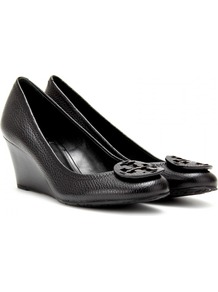 Sally Leather Wedge Pumps - predominant colour: black; occasions: evening, work, occasion; material: leather; heel height: mid; heel: wedge; toe: round toe; style: courts; finish: plain; pattern: plain; embellishment: applique