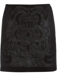 Black Leather Look Cut Out Mini Skirt - length: mid thigh; pattern: plain; waist: mid/regular rise; predominant colour: black; occasions: casual, evening, work; style: mini skirt; fibres: cotton - mix; texture group: leather; fit: straight cut; pattern type: fabric