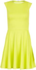 Neon Green Cut Out Back Texture Skater Dress - length: mid thigh; sleeve style: capped; pattern: plain; back detail: low cut/open back; predominant colour: yellow; occasions: casual, evening, holiday; fit: fitted at waist & bust; style: fit & flare; fibres: polyester/polyamide - stretch; neckline: crew; hip detail: soft pleats at hip/draping at hip/flared at hip; sleeve length: short sleeve; trends: fluorescent; pattern type: fabric; texture group: jersey - stretchy/drapey