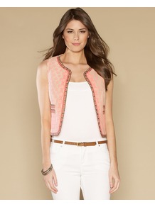 Sameena Waistcoat - sleeve style: sleeveless; style: gilet; collar: round collar/collarless; secondary colour: ivory; predominant colour: coral; occasions: casual; fit: straight cut (boxy); fibres: cotton - 100%; sleeve length: sleeveless; texture group: ornate wovens; collar break: low/open; pattern type: fabric; pattern size: light/subtle; pattern: patterned/print; embellishment: embroidered
