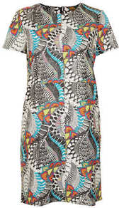 Embroidered Leather Dress - style: t-shirt; length: mini; neckline: round neck; sleeve style: capped; secondary colour: turquoise; occasions: casual, evening, work, occasion; fit: straight cut; fibres: leather - 100%; predominant colour: multicoloured; sleeve length: short sleeve; texture group: leather; trends: modern geometrics; pattern type: fabric; pattern size: standard; pattern: patterned/print; embellishment: embroidered