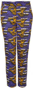 African Print Cigarette Trousers - waist: mid/regular rise; predominant colour: indigo; secondary colour: bright orange; occasions: casual, evening, occasion; length: calf length; fibres: cotton - stretch; texture group: cotton feel fabrics; trends: statement prints; fit: slim leg; pattern type: fabric; pattern size: standard; pattern: patterned/print; style: standard