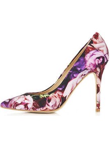 Gwenda Pointed Courts - secondary colour: pink; predominant colour: purple; occasions: evening, work, occasion; material: leather; heel height: high; heel: stiletto; toe: pointed toe; style: courts; trends: high impact florals; finish: plain; pattern: florals