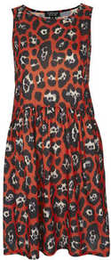 Leopard Relaxed Skater Dress - style: smock; neckline: round neck; fit: loose; sleeve style: sleeveless; waist detail: twist front waist detail/nipped in at waist on one side/soft pleats/draping/ruching/gathering waist detail; predominant colour: true red; secondary colour: black; occasions: casual, holiday; length: just above the knee; fibres: polyester/polyamide - 100%; sleeve length: sleeveless; trends: statement prints; pattern type: fabric; pattern size: big & busy; pattern: animal print; texture group: jersey - stretchy/drapey