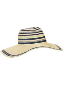 Straw Fluro Stripe Floppy Hat - predominant colour: navy; secondary colour: stone; occasions: casual, holiday; type of pattern: standard; style: sunhat; size: large; material: macrame/raffia/straw; pattern: horizontal stripes