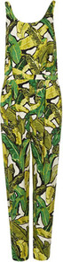 Leaf Print Jumpsuit - fit: fitted at waist; sleeve style: sleeveless; predominant colour: emerald green; secondary colour: lime; occasions: casual, holiday; length: ankle length; neckline: scoop; fibres: viscose/rayon - 100%; sleeve length: sleeveless; texture group: crepes; style: jumpsuit; pattern type: fabric; pattern size: big & busy; pattern: patterned/print
