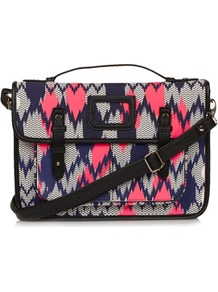 Aztec Zig Zag Print Satchel - predominant colour: hot pink; secondary colour: navy; occasions: casual; type of pattern: standard; style: satchel; length: across body/long; size: standard; material: faux leather; finish: plain; pattern: patterned/print
