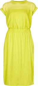 Mesh Yoke Elastic Waist Dress - style: t-shirt; length: below the knee; sleeve style: capped; fit: fitted at waist; pattern: plain; waist detail: fitted waist; predominant colour: yellow; occasions: casual, holiday; fibres: acrylic - mix; neckline: crew; bust detail: contrast pattern/fabric/detail at bust; sleeve length: short sleeve; trends: fluorescent; pattern type: fabric; texture group: jersey - stretchy/drapey