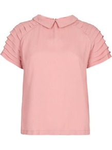 Pleat Sleeve Detail Tee - sleeve style: raglan; pattern: plain; predominant colour: pink; occasions: casual, evening, work, holiday; length: standard; style: top; fibres: polyester/polyamide - mix; fit: loose; neckline: no opening/shirt collar/peter pan; shoulder detail: structured/bulky pleats/bulky detail at shoulder; sleeve length: short sleeve; texture group: sheer fabrics/chiffon/organza etc.; pattern type: fabric; pattern size: standard