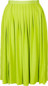Lime Pleat Split Calf Skirt - pattern: plain; fit: loose/voluminous; style: pleated; waist: mid/regular rise; predominant colour: lime; occasions: casual, evening, work, holiday; length: on the knee; fibres: viscose/rayon - stretch; hip detail: soft pleats at hip/draping at hip/flared at hip; waist detail: narrow waistband; pattern type: fabric; texture group: jersey - stretchy/drapey