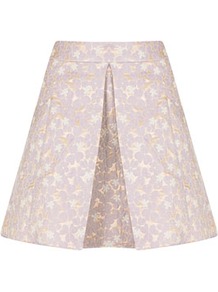 Lilac Floral A Line Skirt - fit: loose/voluminous; waist detail: wide waistband/cummerbund; waist: mid/regular rise; secondary colour: ivory; predominant colour: lilac; occasions: evening, work, occasion, holiday; length: just above the knee; style: a-line; fibres: polyester/polyamide - mix; hip detail: structured pleats at hip; texture group: cotton feel fabrics; pattern type: fabric; pattern size: standard; pattern: florals