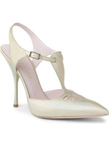 Carrie Iridescent Leather Courts - predominant colour: champagne; occasions: evening, work, occasion; material: leather; heel height: high; ankle detail: ankle strap; heel: stiletto; toe: pointed toe; style: slingbacks; trends: metallics; finish: metallic; pattern: plain