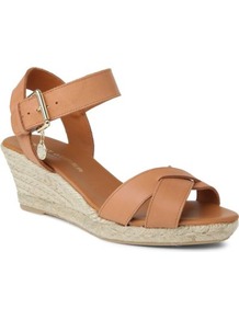 Lisbon Leather Wedge Sandals - predominant colour: tan; occasions: casual, holiday; material: leather; heel height: mid; ankle detail: ankle strap; heel: wedge; toe: open toe/peeptoe; style: strappy; finish: plain; pattern: plain; embellishment: chain/metal