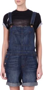 Denim Dungarees - sleeve style: wide vest straps; pattern: plain; length: mid thigh shorts; predominant colour: navy; occasions: casual, holiday; fit: body skimming; fibres: cotton - mix; jeans & bottoms detail: turn ups; sleeve length: sleeveless; texture group: denim; style: dungarees; neckline: low square neck; pattern type: fabric