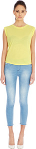Boyfriend Tee - sleeve style: capped; pattern: plain; hip detail: fitted at hip; predominant colour: primrose yellow; occasions: casual, work, holiday; length: standard; style: top; fibres: polyester/polyamide - mix; fit: straight cut; neckline: crew; shoulder detail: flat/draping pleats/ruching/gathering at shoulder; sleeve length: short sleeve; texture group: cotton feel fabrics; pattern type: fabric