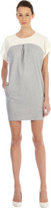 Woven Yoke Cocoon Dress - length: mid thigh; neckline: round neck; fit: tailored/fitted; style: tulip; secondary colour: ivory; predominant colour: light grey; occasions: casual, evening, holiday; fibres: polyester/polyamide - stretch; bust detail: contrast pattern/fabric/detail at bust; sleeve length: short sleeve; sleeve style: standard; trends: glamorous day shifts; pattern type: fabric; pattern size: standard; pattern: colourblock; texture group: jersey - stretchy/drapey