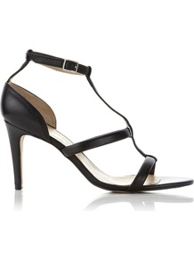 Tbar Monza Sandal - predominant colour: black; occasions: evening, work, occasion; material: leather; heel height: mid; ankle detail: ankle strap; heel: stiletto; toe: open toe/peeptoe; style: strappy; finish: plain; pattern: plain
