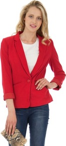 Red Jersey Jacket - pattern: plain; style: single breasted blazer; collar: standard lapel/rever collar; predominant colour: true red; occasions: casual, evening, work; length: standard; fit: tailored/fitted; fibres: viscose/rayon - stretch; sleeve length: 3/4 length; sleeve style: standard; collar break: medium; pattern type: fabric; texture group: other - light to midweight