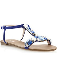 Kylee Jewel Embellished T Bar Flat Sandal - predominant colour: royal blue; occasions: casual, evening, holiday; material: suede; heel height: flat; embellishment: jewels; ankle detail: ankle strap; heel: standard; toe: open toe/peeptoe; style: standard; finish: plain; pattern: plain