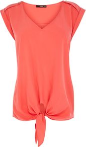 Button Shoulder V Neck Top, Coral - neckline: v-neck; sleeve style: capped; pattern: plain; shoulder detail: obvious epaulette; hip detail: fitted at hip; waist detail: belted waist/tie at waist/drawstring; predominant colour: coral; occasions: casual, work, holiday; length: standard; style: top; fibres: polyester/polyamide - 100%; fit: body skimming; sleeve length: short sleeve; pattern type: fabric; texture group: other - light to midweight