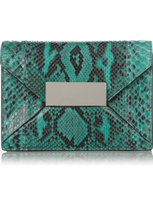 Python Envelope Clutch - predominant colour: teal; secondary colour: black; occasions: evening, occasion; type of pattern: standard; style: clutch; length: hand carry; size: standard; material: leather; pattern: animal print; finish: plain; embellishment: chain/metal
