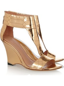 Metallic Leather Wedge Sandals - predominant colour: gold; occasions: evening, occasion, holiday; material: leather; heel height: high; embellishment: zips; ankle detail: ankle strap; heel: wedge; toe: open toe/peeptoe; style: standard; trends: metallics; finish: metallic; pattern: plain