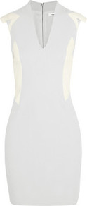 Leather Paneled Canvas Dress - style: shift; neckline: low v-neck; fit: tight; sleeve style: sleeveless; secondary colour: ivory; predominant colour: light grey; occasions: evening, occasion; length: just above the knee; fibres: viscose/rayon - stretch; sleeve length: sleeveless; pattern type: fabric; pattern size: standard; pattern: patterned/print