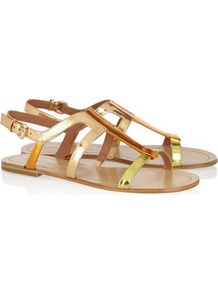 Kimora Metallic Leather Sandals - predominant colour: gold; secondary colour: bronze; occasions: casual, evening, occasion, holiday; material: leather; heel height: flat; heel: block; toe: open toe/peeptoe; style: strappy; trends: metallics; finish: metallic; pattern: plain
