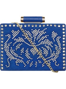 Blue Stud Box Clutch - predominant colour: royal blue; secondary colour: gold; occasions: evening, occasion; style: clutch; length: hand carry; size: small; material: suede; embellishment: studs; finish: plain; pattern: patterned/print