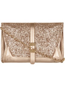 Kardashian Kollection Gold Glitter Clutch - predominant colour: gold; occasions: evening, occasion; type of pattern: standard; style: clutch; length: across body/long; size: mini; material: faux leather; embellishment: glitter; pattern: plain; trends: metallics; finish: metallic
