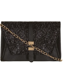 Kardashian Kollection Black Glitter Clutch - predominant colour: black; occasions: evening, occasion; type of pattern: standard; style: clutch; length: hand carry; size: standard; material: faux leather; embellishment: glitter; pattern: plain; trends: metallics; finish: plain