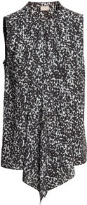 Sleeveless Matt Chiffon Blouse - sleeve style: sleeveless; style: blouse; waist detail: twist front waist detail/nipped in at waist on one side/soft pleats/draping/ruching/gathering waist detail; bust detail: ruching/gathering/draping/layers/pintuck pleats at bust; secondary colour: white; predominant colour: black; occasions: casual, evening, work, occasion; length: standard; fibres: polyester/polyamide - 100%; fit: loose; neckline: crew; hip detail: dip hem; back detail: shorter hem at back than at front; sleeve length: sleeveless; texture group: sheer fabrics/chiffon/organza etc.; trends: sculptural frills; pattern type: fabric; pattern size: light/subtle; pattern: patterned/print