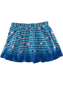 Skirt - length: mini; fit: body skimming; waist detail: elasticated waist; waist: low rise; secondary colour: blush; predominant colour: royal blue; occasions: casual, holiday; style: fit & flare; fibres: viscose/rayon - 100%; hip detail: ruching/gathering at hip; texture group: cotton feel fabrics; trends: modern geometrics; pattern type: fabric; pattern size: big & busy; pattern: patterned/print