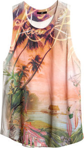 Top With A Print - sleeve style: sleeveless; style: vest top; back detail: racer back/sports back; waist detail: twist front waist detail/nipped in at waist on one side/soft pleats/draping/ruching/gathering waist detail; secondary colour: chocolate brown; occasions: casual, holiday; length: standard; neckline: scoop; fibres: polyester/polyamide - 100%; fit: loose; hip detail: soft pleats at hip/draping at hip/flared at hip; predominant colour: multicoloured; sleeve length: sleeveless; texture group: cotton feel fabrics; trends: statement prints; pattern type: fabric; pattern size: big & busy; pattern: patterned/print