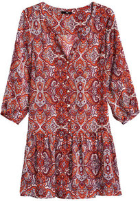 Paisley Patterned Satin Dress - length: mid thigh; neckline: low v-neck; fit: loose; style: drop waist; waist detail: drop waist; pattern: paisley; sleeve style: balloon; bust detail: buttons at bust (in middle at breastbone)/zip detail at bust; predominant colour: true red; secondary colour: lilac; occasions: casual, work, occasion; fibres: polyester/polyamide - 100%; hip detail: ruching/gathering at hip; shoulder detail: flat/draping pleats/ruching/gathering at shoulder; sleeve length: 3/4 length; texture group: structured shiny - satin/tafetta/silk etc.; trends: modern geometrics; pattern type: fabric; pattern size: standard