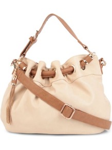 Dollita Pouchy Shoulder Bag - secondary colour: camel; predominant colour: nude; occasions: casual, work; type of pattern: light; style: onion bag; length: shoulder (tucks under arm); size: standard; material: leather; embellishment: tassels; finish: plain; pattern: colourblock