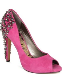 Lorissa Embellished Suede Courts - predominant colour: hot pink; secondary colour: charcoal; occasions: evening, occasion; material: suede; heel height: high; embellishment: studs; heel: standard; toe: open toe/peeptoe; style: courts; trends: metallics; finish: fluorescent; pattern: plain