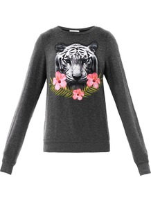 Tropical Tiger Sweatshirt - neckline: slash/boat neckline; sleeve style: extended cuff; length: below the bottom; style: sweat top; secondary colour: pink; predominant colour: charcoal; occasions: casual; fibres: viscose/rayon - stretch; fit: straight cut; bust detail: contrast pattern/fabric/detail at bust; sleeve length: extra long; trends: sporty redux; pattern type: fabric; pattern size: standard; pattern: patterned/print; texture group: jersey - stretchy/drapey