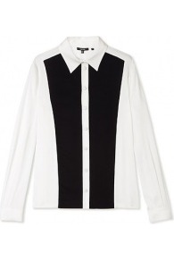 Monochrome Panelled Silk Blouse - neckline: shirt collar/peter pan/zip with opening; style: shirt; occasions: evening, work; length: standard; fibres: silk - 100%; fit: body skimming; sleeve length: long sleeve; sleeve style: standard; texture group: silky - light; predominant colour: monochrome; pattern type: fabric; pattern size: light/subtle; pattern: colourblock