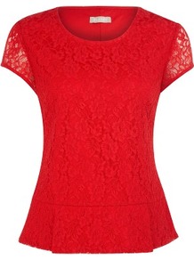Lace Peplum Top - pattern: plain; shoulder detail: contrast pattern/fabric at shoulder; predominant colour: true red; occasions: casual, evening, work; length: standard; style: top; fibres: nylon - 100%; fit: body skimming; neckline: crew; sleeve length: short sleeve; sleeve style: standard; texture group: lace; pattern type: fabric; embellishment: lace