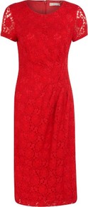 Lace Shift Dress - style: shift; neckline: round neck; pattern: plain; predominant colour: true red; occasions: evening, occasion; length: on the knee; fit: soft a-line; fibres: polyester/polyamide - mix; hip detail: soft pleats at hip/draping at hip/flared at hip; sleeve length: short sleeve; sleeve style: standard; texture group: lace; trends: glamorous day shifts; pattern type: fabric; embellishment: lace