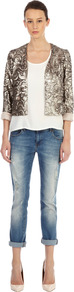 Swirl Sequin Jacket - style: cropped; collar: shawl/waterfall; length: cropped; predominant colour: silver; secondary colour: champagne; occasions: casual, evening, occasion; fit: straight cut (boxy); fibres: polyester/polyamide - 100%; sleeve length: 3/4 length; sleeve style: standard; texture group: structured shiny - satin/tafetta/silk etc.; trends: metallics; collar break: low/open; pattern type: fabric; pattern size: light/subtle; pattern: patterned/print; embellishment: sequins