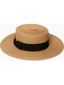 Pleated Boater Hat - predominant colour: camel; secondary colour: black; occasions: casual, holiday; style: brimmed; size: standard; material: macrame/raffia/straw; embellishment: ribbon; pattern: plain